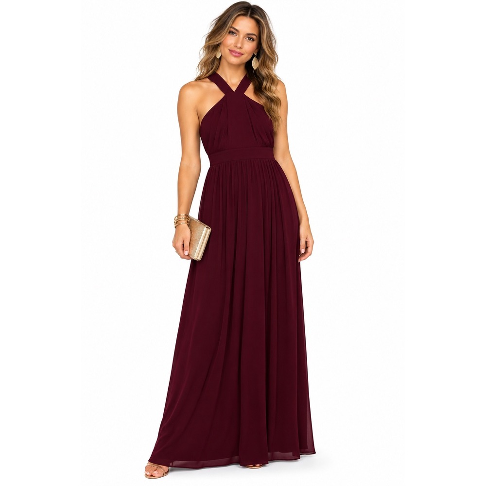 Lulus Heavenly Hues Burgundy Halter Maxi Dress Wine Chiffon Gown Sleeveless S